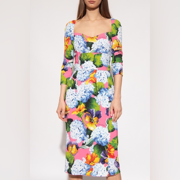 Dolce & Gabbana Hydrangea Print Long Sleeve Cady Midi Dress - NEW WITH TAGS - Picture 12 of 16